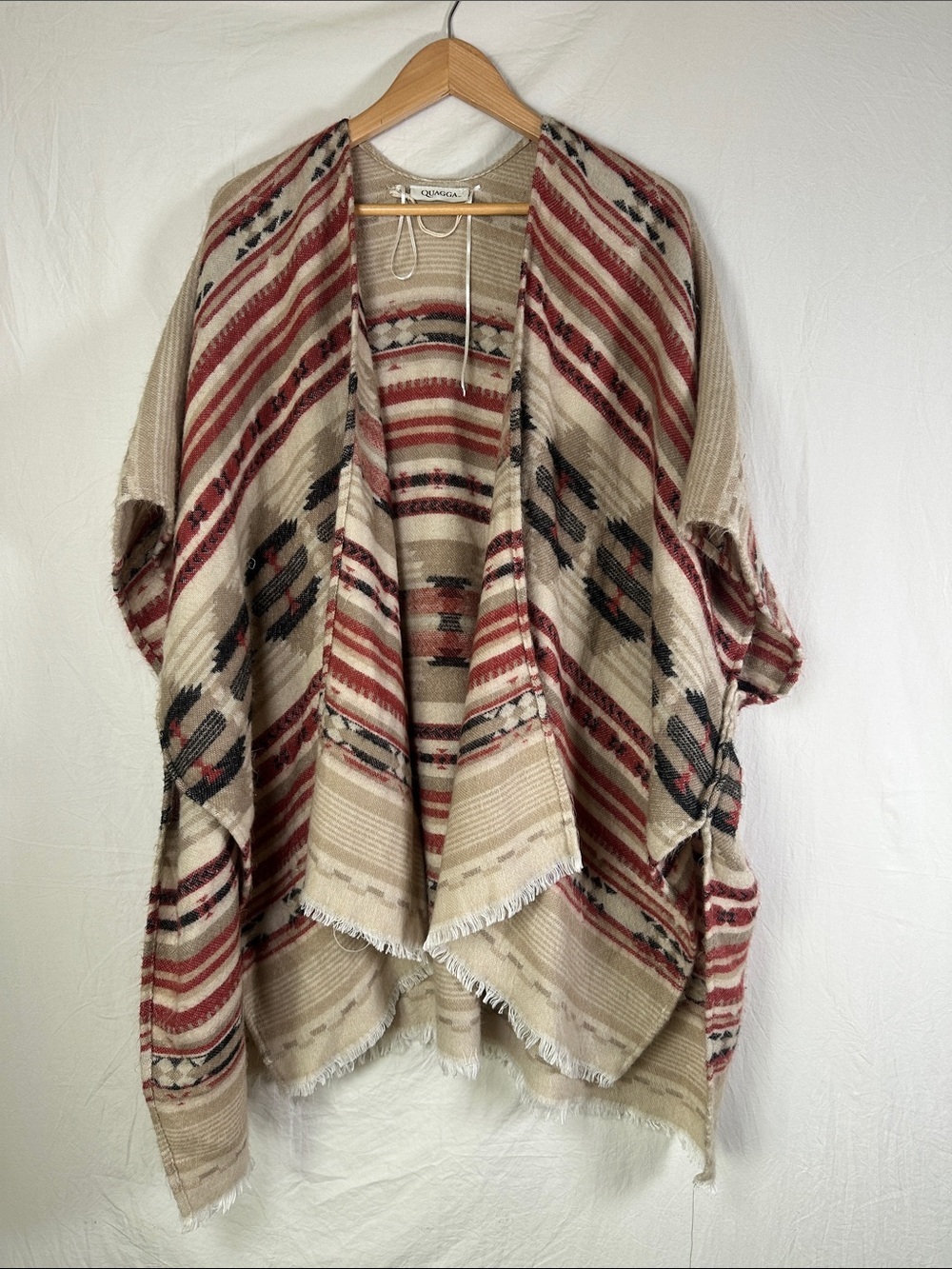 Open-Front Aztec Stripe Sweater Wrap - Beige & Red